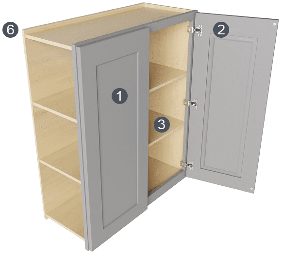Wall cabinet with two doors, with numbered construction features 1, 2, 3 and 6