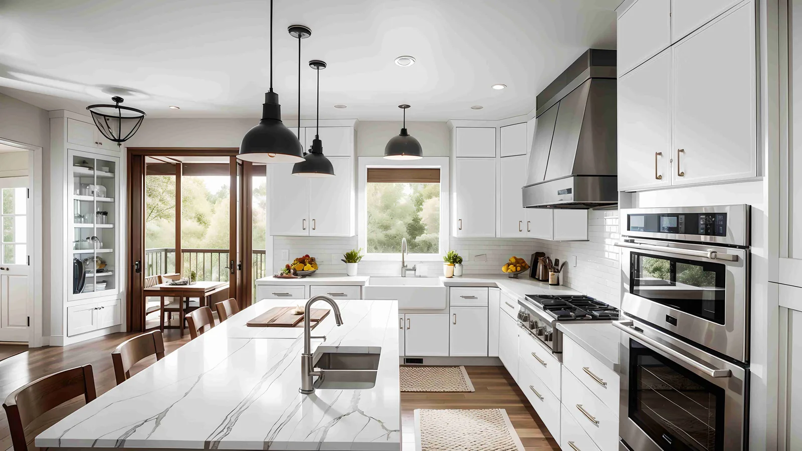 A bright white modern kitchen with a waterfall island
