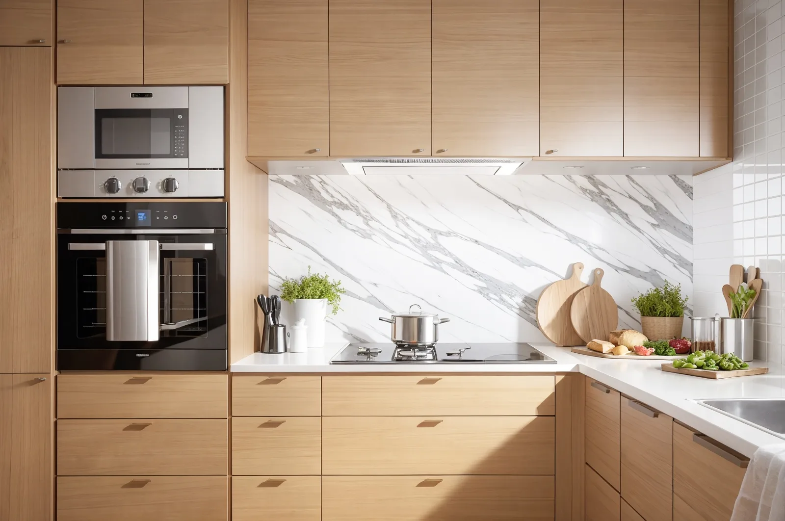 Kitchen with light wood flat-panel cabinets