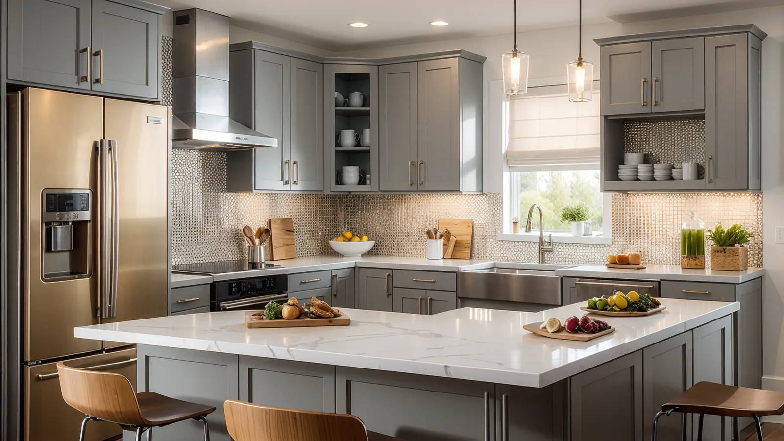 Kitchen with grey cabinets and an island
