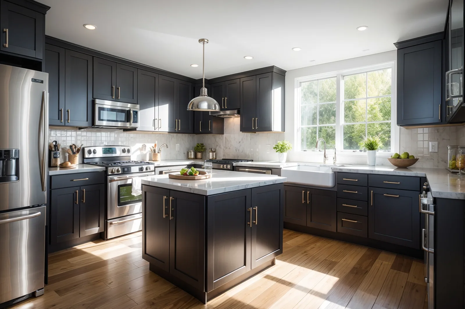 Kitchen with navy cabinets and an island