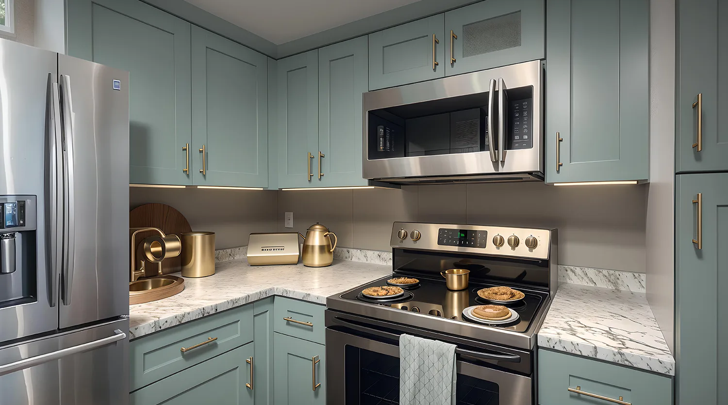 Kitchen with grey-blue cabinets