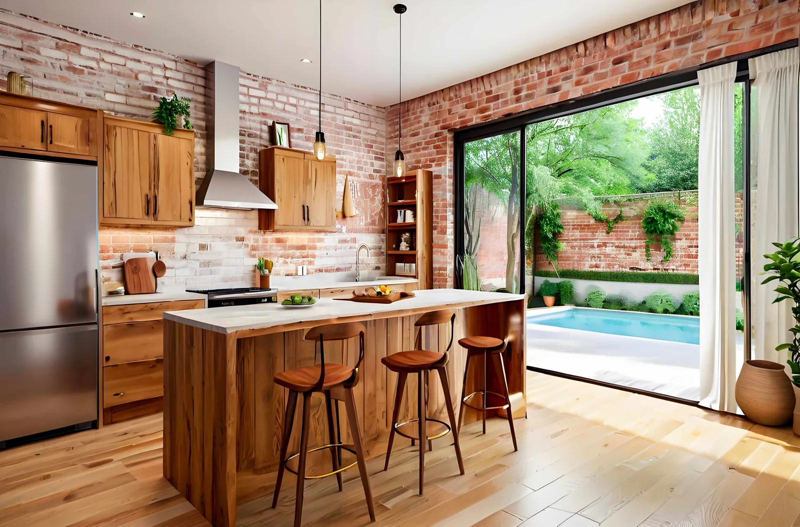Kitchen with wood cabinets and an island