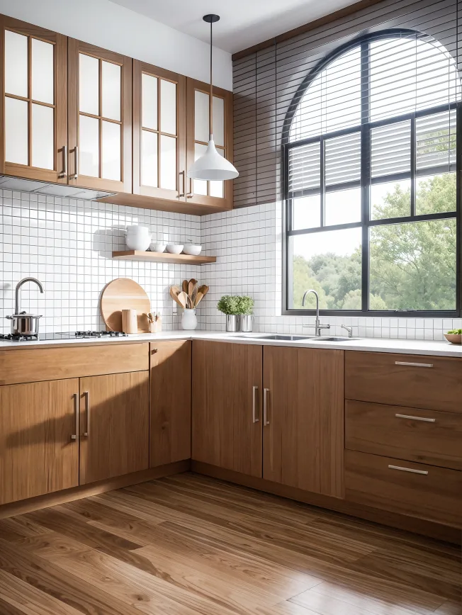A kitchen with wood-look flat-panel cabinets and glass-front upper cabinets